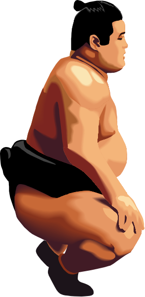 The image shows a pixelated depiction of an individual wearing a black belt around their waist with hands on knees, standing in front of what appears to be a wall-mounted object that could resemble a trophy or plaque.