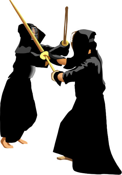 The black and white photo shows a person holding two swords crossed over their body while standing on what appears to be an elevated platform with another figure in front of them who is also wielding weapons; both figures seem engaged in combat, possibly martial arts or fencing practice.