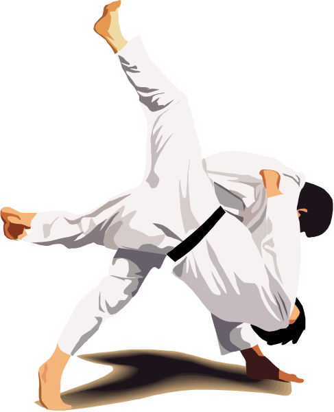 The image shows a person performing an acrobatic move on their hands while wearing a karate gi with black belt stripes visible at waist level; it is set against a plain background that does not provide any additional context about location, time of day, etc., and there's no text present.