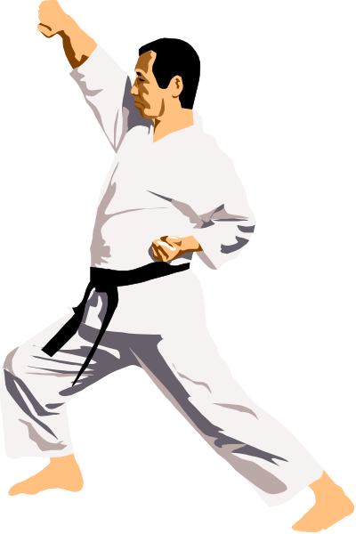The image shows a man performing martial arts moves while wearing a karate uniform with his arms raised above him; he is in mid-action against a plain background.