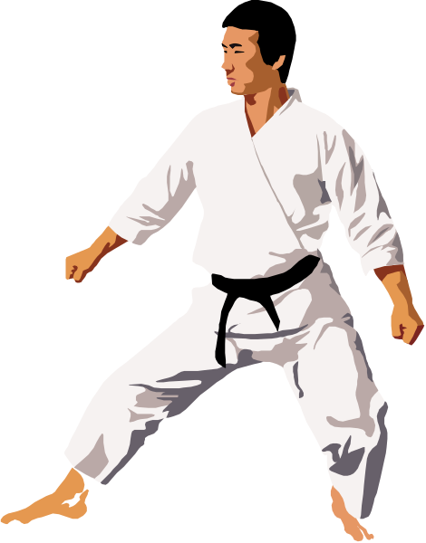 The image shows a black and white illustration of an adult male martial artist dressed as Bruce Lee performing karate moves in mid-action with his arms outstretched to either side for balance while standing on one leg, wearing traditional Japanese judo attire including gi pants and belted top.