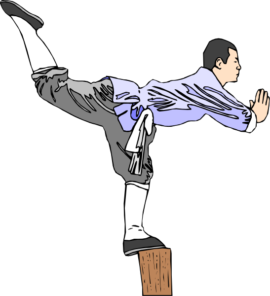 The black and white illustration shows a person performing an acrobatic trick on top of a wooden block with their legs extended straight out to either side in mid-air while holding onto what appears to be a rope, suggesting that this is likely a depiction of someone practicing martial arts or gymnastics.