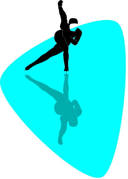 The image shows a person standing on top of an object that resembles a blue circle with white stripes around it against a dark background; there is also another smaller figure in front of this larger one which appears to be casting its shadow onto the ground, creating two reflections beneath them.