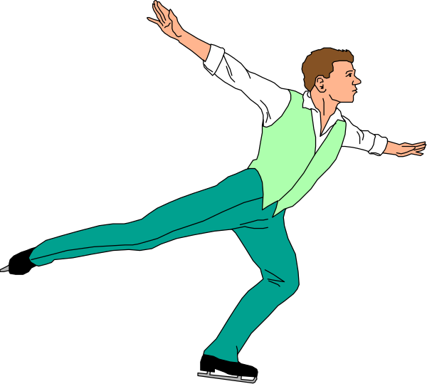 The image shows a cartoon of an ice skater performing a trick on black background with white border lines around it.