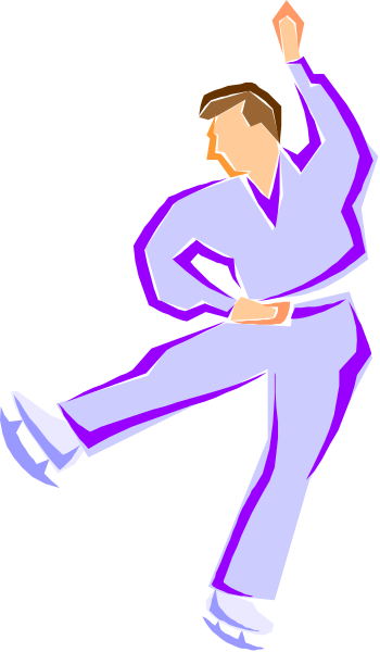 The image shows a cartoon of an animated man performing martial arts moves against a black background with white outlines.