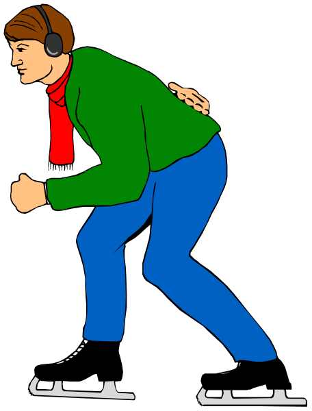 The image shows a cartoon of an animated man riding on roller skis with his arms outstretched for balance while wearing headphones around his neck.