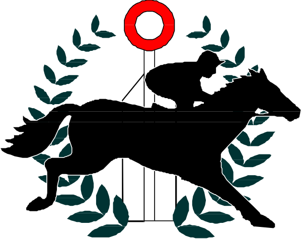 The image shows a black silhouette of an athlete riding on horseback with a jockey's helmet visible; there is also a red circle in the background that resembles a target.