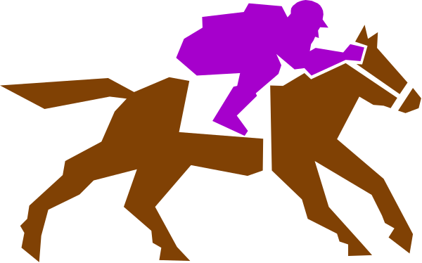 The image shows a jockey riding on horseback with purple highlights around them against a black background.