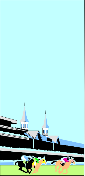 The image shows a pixelated scene with two horses galloping on either side of what appears to be an old-fashioned bridge in front of buildings that resemble churches; there is no text present within this small clip-art image, and it seems to depict a stylized or simplified representation rather than realistic art.