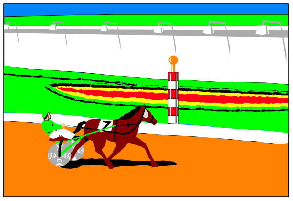 The image shows a horse racing scene with two horses on track; there's an animated jockey riding each of them in front of stands that have spectators watching from behind barriers.