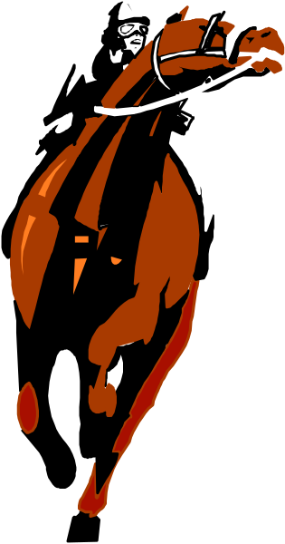 The image shows a black horse with red accents on its body riding through what appears to be an open field under clear skies during daylight hours.
