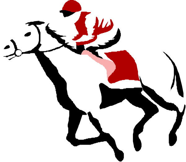 The image shows a black and white silhouette of a jockey riding on top of a horse with red markings around its neck area; it is set against an indistinct background that does not provide any additional context about location, time period, etc., focusing solely on this equestrian activity.