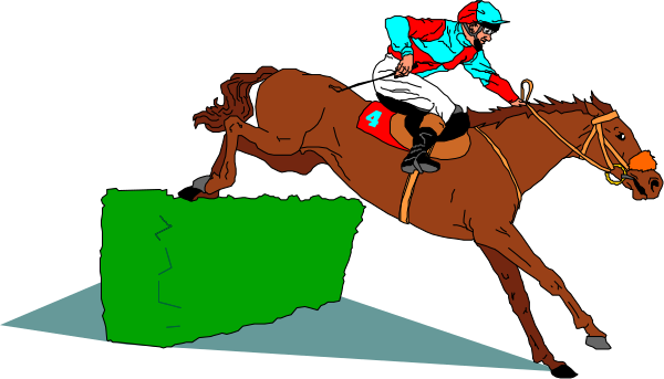 The image shows a cartoon of an equestrian event with two figures: a jockey riding on horseback over what appears to be water obstacles in front of them during competition.