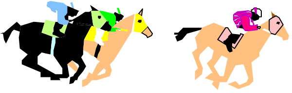The image shows a sequence of five jockeys riding horses from left to right against a dark background with no other discernible details visible in this small clip-art format.