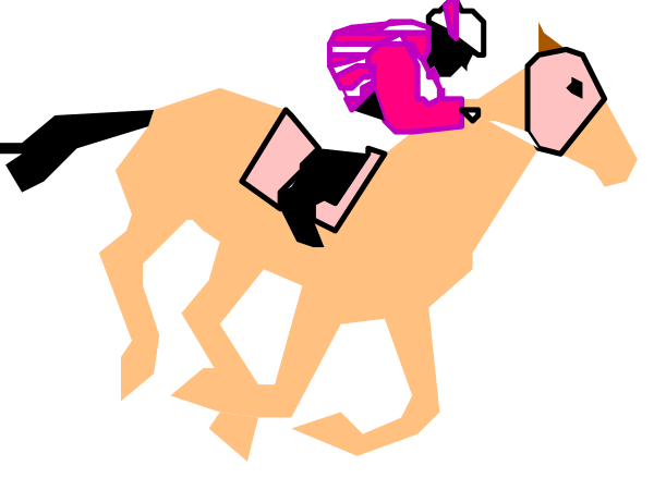 The image shows a cartoon of an animated horse with rider on its back galloping forward against a black background.