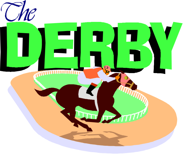 The image shows a cartoon of an animated horse racing on a track with jockey riding it inside what appears to be a race car oval shape. Above this scene is text that reads "THE DERBY" in bold, capital letters and below it there's another line of smaller print reading "Derby." The style suggests the image may have been created using clip-art elements commonly found on websites or as part of an advertisement for a horse racing event.