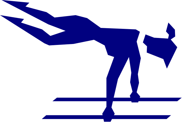 The image shows a black silhouette of an athlete performing gymnastics on what appears to be balance bars against a blue background with white outlines.