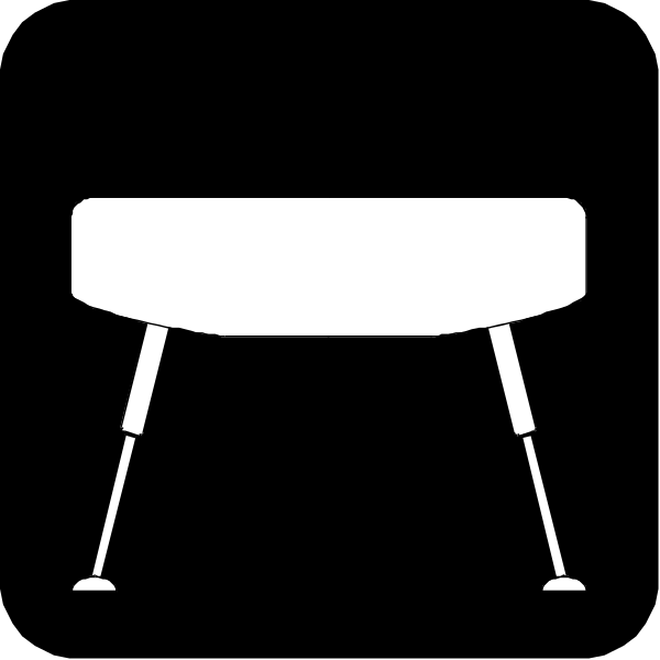The black and white icon shows a stool with wheels underneath it next to an oval tabletop on legs.