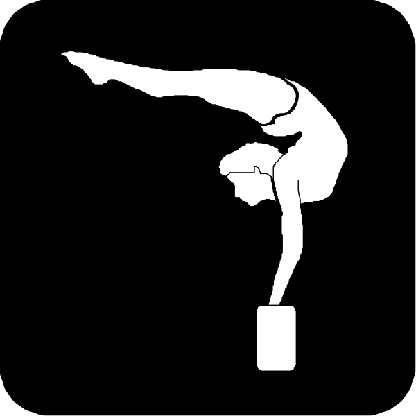 The black and white silhouette of a gymnast performing an acrobatic move with their hands on top of each other in front of them while standing upright against what appears to be a wall.
