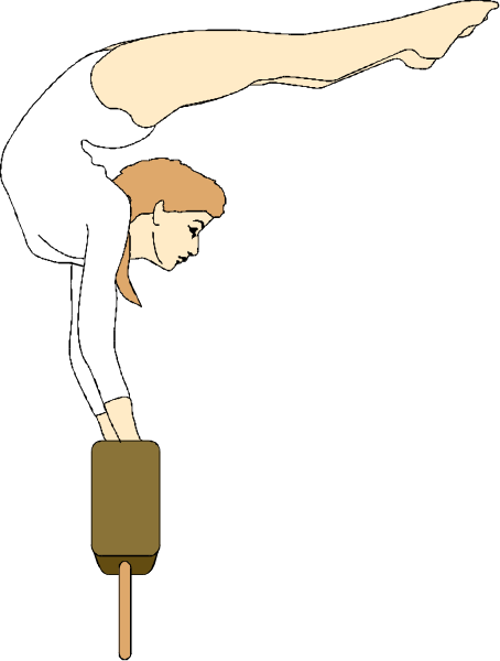 The image shows a gymnast performing an acrobatic move on top of what appears to be a large brown bottle with a label that is partially visible at one end; she has her arms extended outward, and there's no background detail provided in this clip-art style illustration.