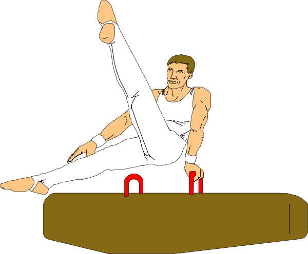 The image shows a man performing gymnastics on an uneven bar with his hands gripping it tightly while he is in mid-air above the apparatus.