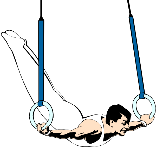 The black and white illustration shows a man on rings performing an acrobatic move with his arms outstretched above him in what appears to be mid-air during exercise equipment training session at gymnasium, holding onto blue handles of parallel bars while wearing athletic attire suitable for the activity.