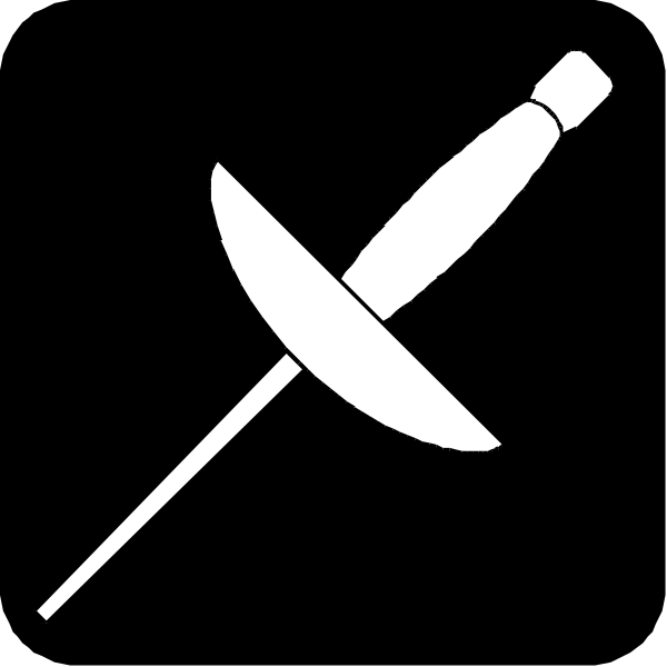 The black and white logo of a knife with an olive on it next to a toothpick.