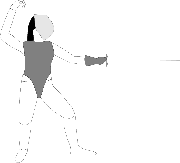The black and white silhouette of two figures engaged in a martial arts duel with swords crossed over each other's heads against an unadorned background.