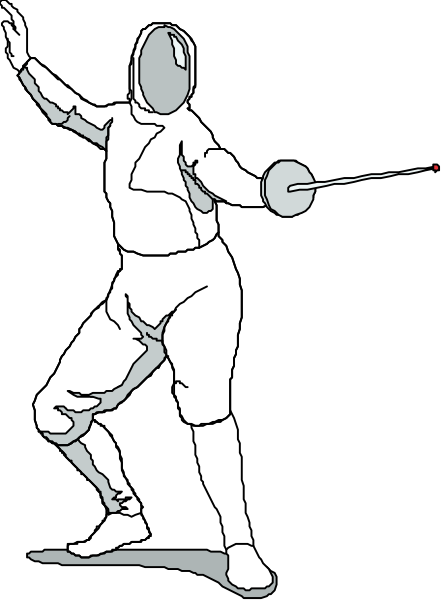 The black and white illustration shows a fencer poised to strike with his sword raised high above him against an unseen opponent in what appears to be a dueling scenario on a dark background.