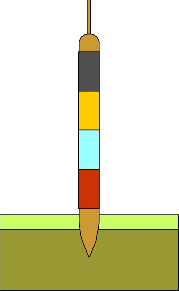 The image shows a colorful rocket with three stages of flight against a dark background on an electronic device screen displaying pixelated graphics.