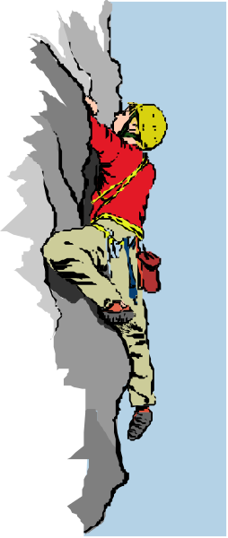 The image shows a cartoon of an adventurous climber scaling down a rock face with determination on his face while holding onto climbing gear such as ropes and carabiners.