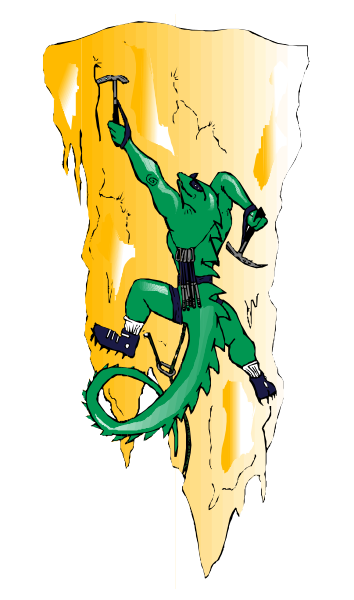 The image shows a cartoon of an adventurous dragon character climbing up rocky terrain with its wings spread wide to aid in ascent.