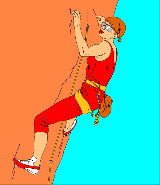 The illustration shows a person climbing up an orange wall with their hands on holds while wearing red clothing; there is no text present in this image.