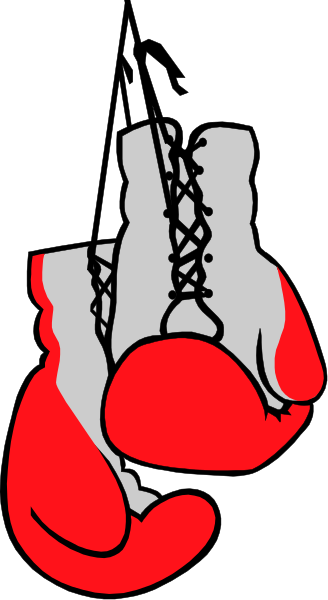 The image shows a black and white photo of boxing gloves with red accents on them hanging from hooks against a dark background.