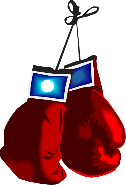 The image shows a red boxing glove with two smaller gloves hanging from it against a black background; there is no text present in this clip-art illustration.