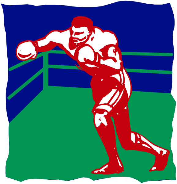 The image shows a boxer preparing to throw a punch inside of an indoor ring with blue walls and green flooring.