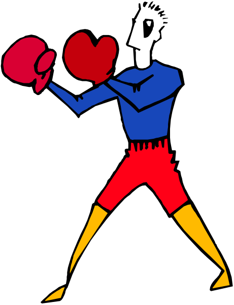 The image shows a black silhouette of an athlete holding boxing gloves with red hearts on them against a dark background.