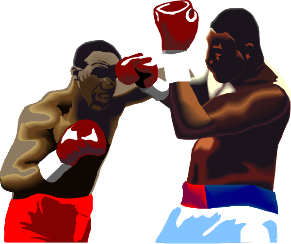 The image shows two boxers facing each other with their fists raised as if ready to fight; both wear red trunks with white stripes on one side of waistband, gloves in hands, and have a determined expression while looking at opponent.