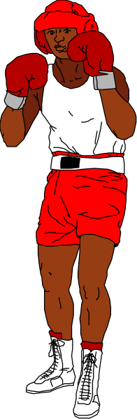 The image shows a black and white illustration of an athlete wearing red shorts with boxing gloves on their hands, standing in front of what appears to be a punching bag.