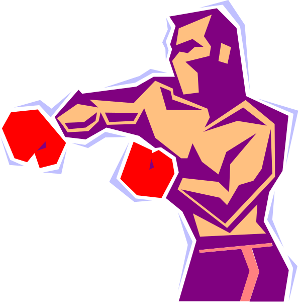 The image shows a pixelated illustration of two stylized figures that appear to be boxers with red gloves on their hands in front of them; one figure is facing forward while the other has its back turned, both set against a dark background.