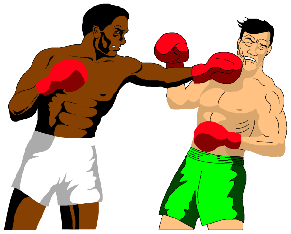 The image shows three boxers from different eras facing each other with a black background; two of them appear to be in motion as if fighting while one is standing still looking onward.