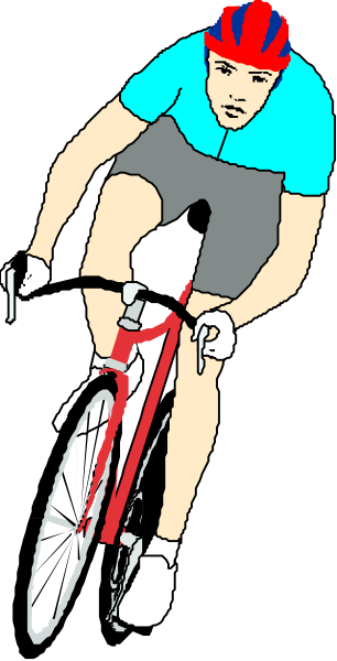 The image shows a man riding a bicycle on an outdoor roadway with trees visible behind him; he is wearing cycling gear including shorts, jersey, helmet, gloves, shoes, socks, sunglasses and has his head down as if in motion or concentration while racing.