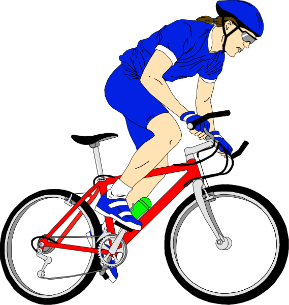 The image shows a person riding a red bicycle on an outdoor pathway at nighttime with artificial lighting illuminating them from above.