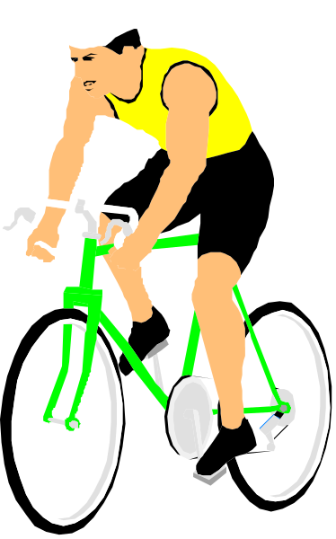 The image shows a man riding an orange bicycle on top of it while wearing shorts with white stripes down each leg; he is pedaling forward in front of what appears to be a black background.