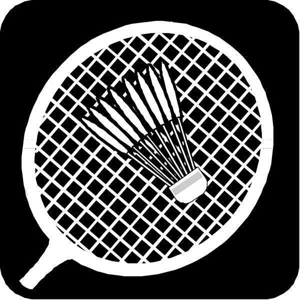The black and white silhouette of a tennis racket with an attached w on top inside a badminton netting.