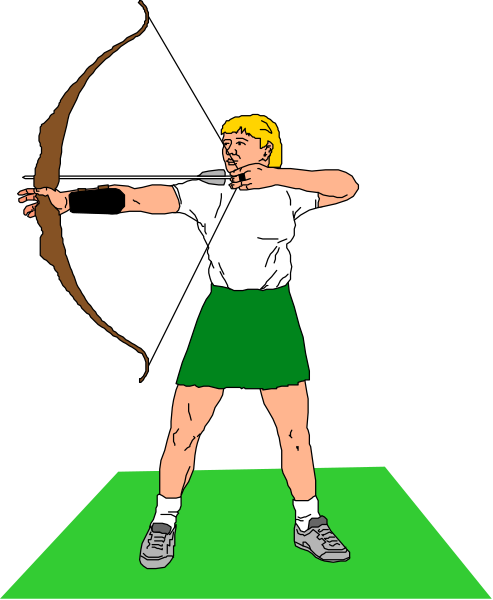The illustration shows a person with blonde hair wearing shorts standing on what appears to be an archery mat holding a bow in their hands ready for action against a dark background.