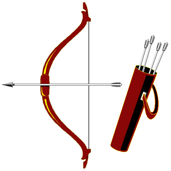 The image shows a bow with arrows on it next to an arrow quiver that is open at both ends of its handle.