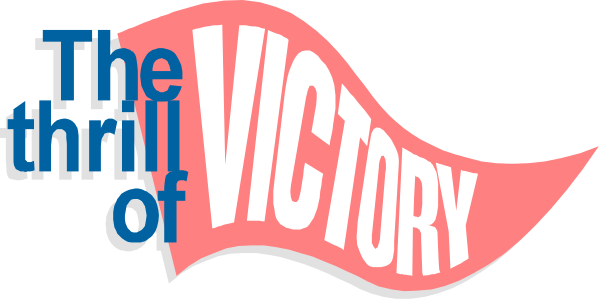 The text "the victory of" with a stylized graphic resembling an abstract flame shape is superimposed over it in various sizes on different backgrounds within this image.
