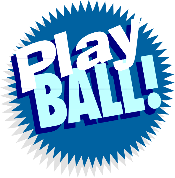 The image shows a blue play button with white text that reads "PLAY BALL" on it against a black background.