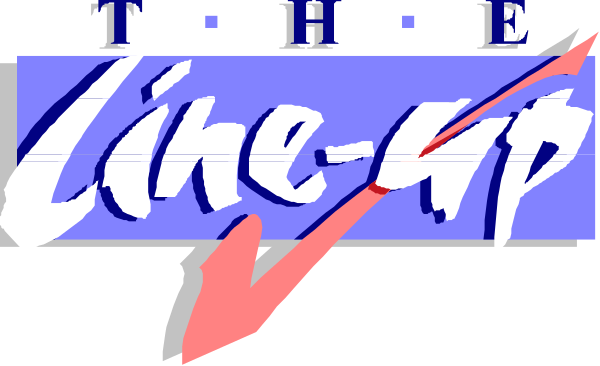 The image shows a logo with text that reads "THE LINEUP" at top left corner of an oval shape in red font on white background; below it is another line of smaller black letters reading "LINE-UP."